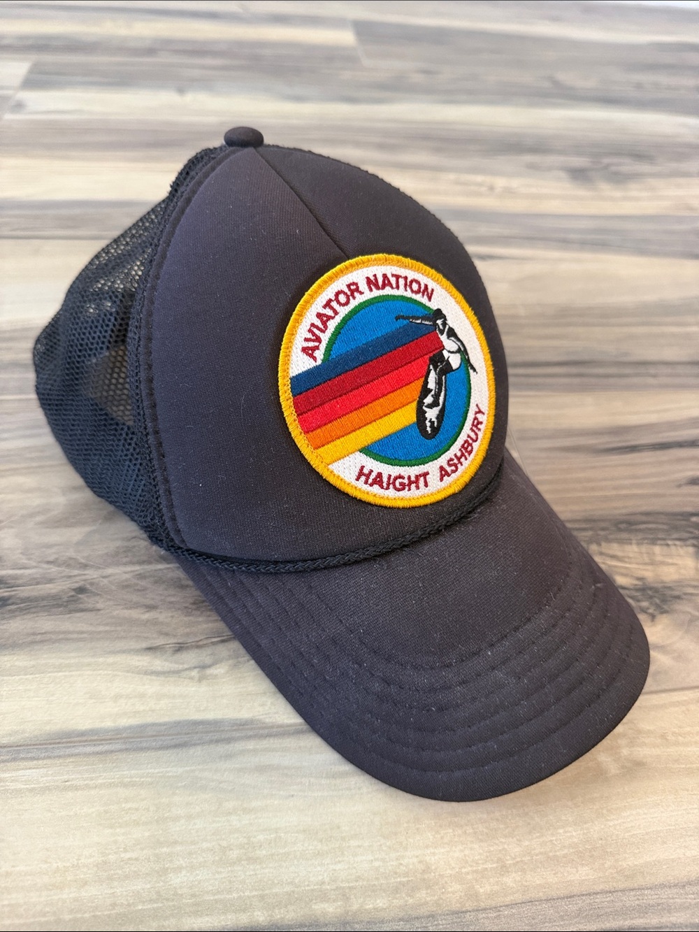 Aviator Nation Black Trucker Hat with Rainbow Patch - Haight Ashbury